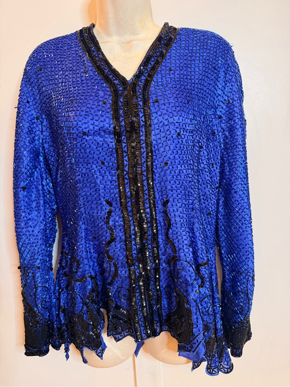 VINTAGE Fabrice Silhouette Silk Beaded V-Neck Jacket - royal blue black